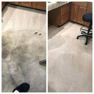 A before and after picture of a carpet being cleaned in a kitchen.