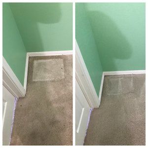 A before and after photo of a carpet in a room with green walls.