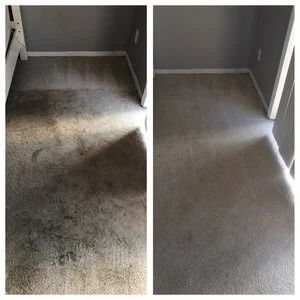 A before and after photo of a dirty carpet in a room.