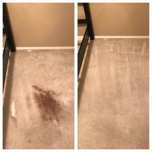 A before and after photo of a carpet with stains on it.