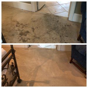 A before and after photo of a dirty floor and a clean floor.