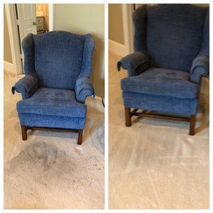 A before and after picture of a blue chair on a carpet.