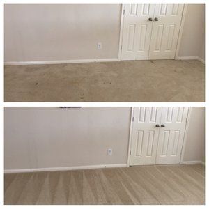 A before and after picture of a carpeted floor in a bedroom.