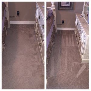 A before and after picture of a bedroom carpet being cleaned.