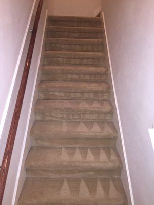 A set of stairs with a carpeted floor and a wooden railing.