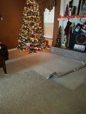A living room with a christmas tree and a vacuum cleaner on the floor.