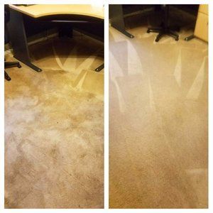 A before and after photo of a carpet in an office.