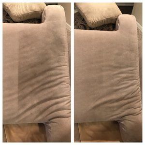 A before and after picture of a pillow on a couch.