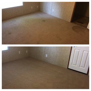 A before and after picture of a room with a dirty carpet and a clean carpet.