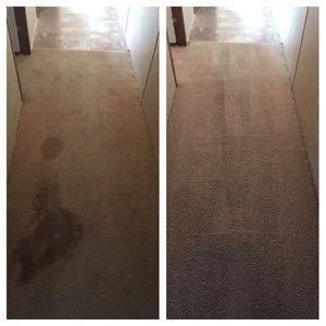 A before and after photo of a carpet in a hallway.