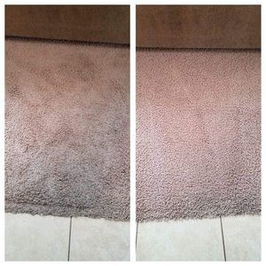 Two pictures of a carpet before and after being cleaned.