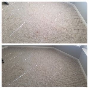 A before and after picture of a carpet in a room.