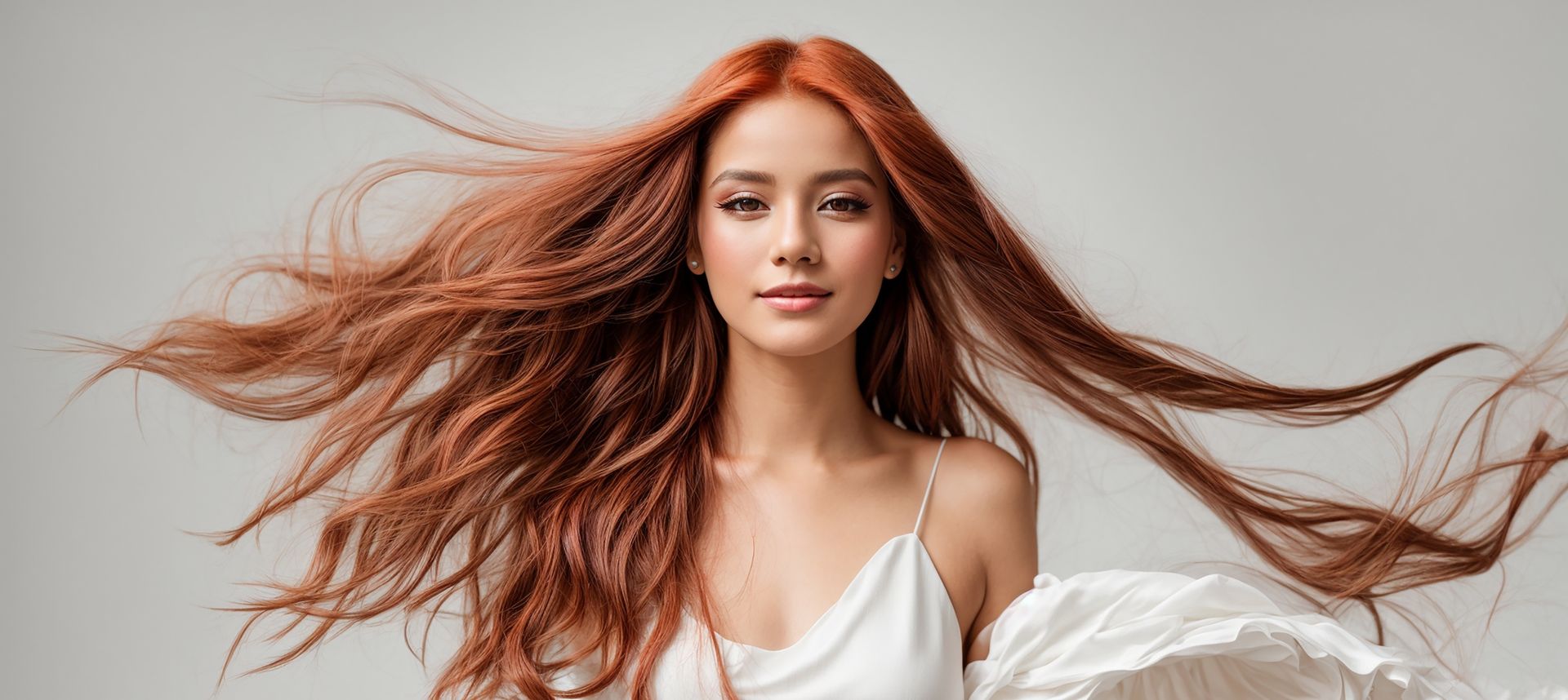 Eine Frau mit langen roten Haaren trägt ein weißes Kleid und ihr Haar weht im Wind.