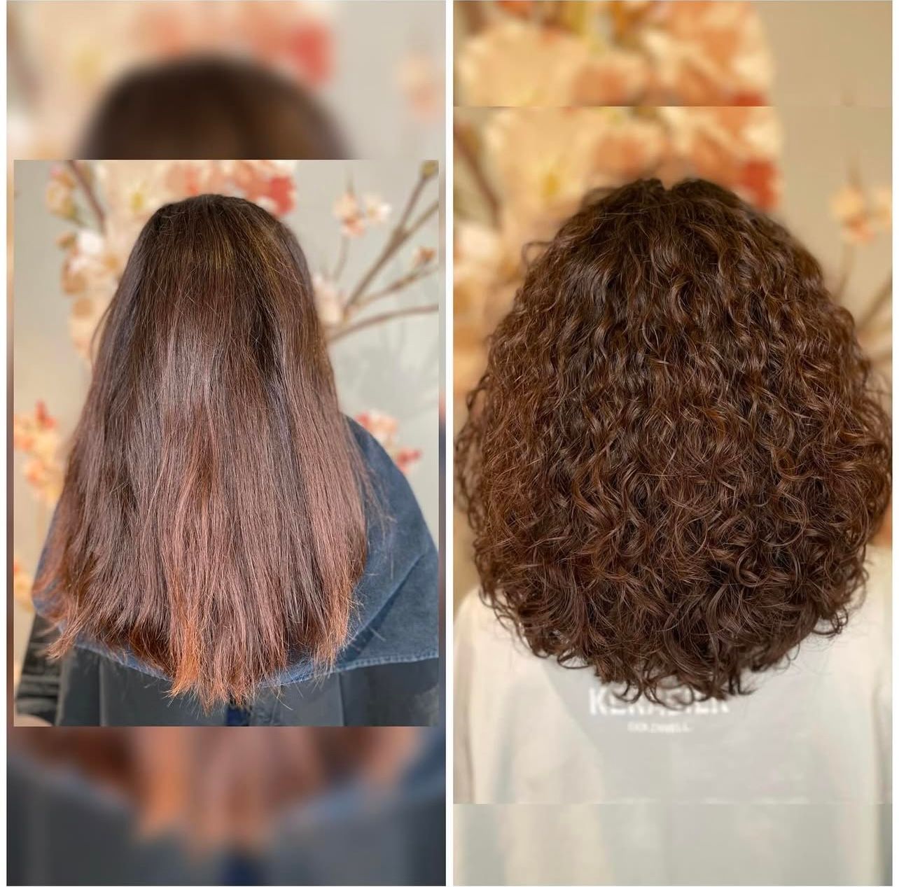 Ein Vorher-Nachher-Foto der Haare einer Frau.