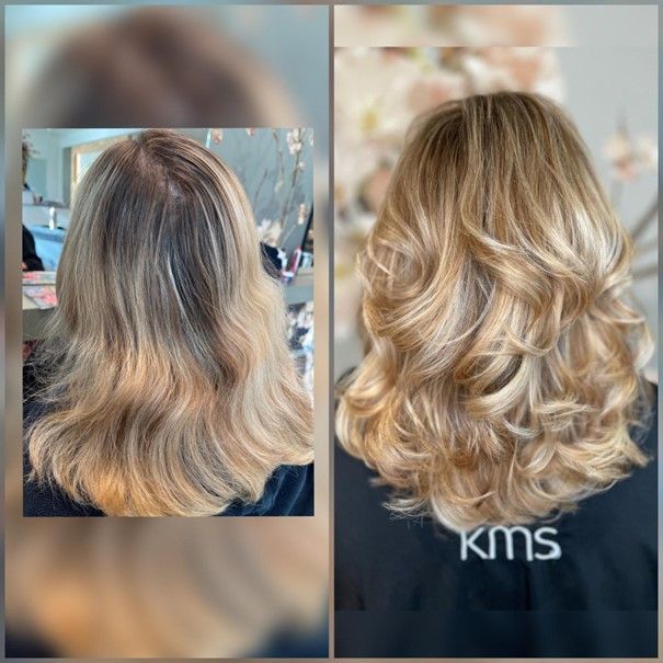 Ein Vorher-Nachher-Foto der Haare einer Frau.