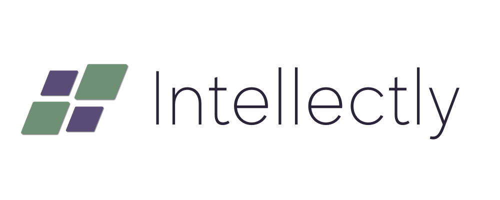 Logo with a geometric tile design in green and purple, and the word “Intellectly” in a thin, sans-serif font.