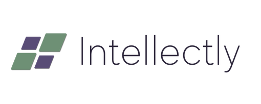Logo with a geometric tile design in green and purple, and the word “Intellectly” in a thin, sans-serif font.
