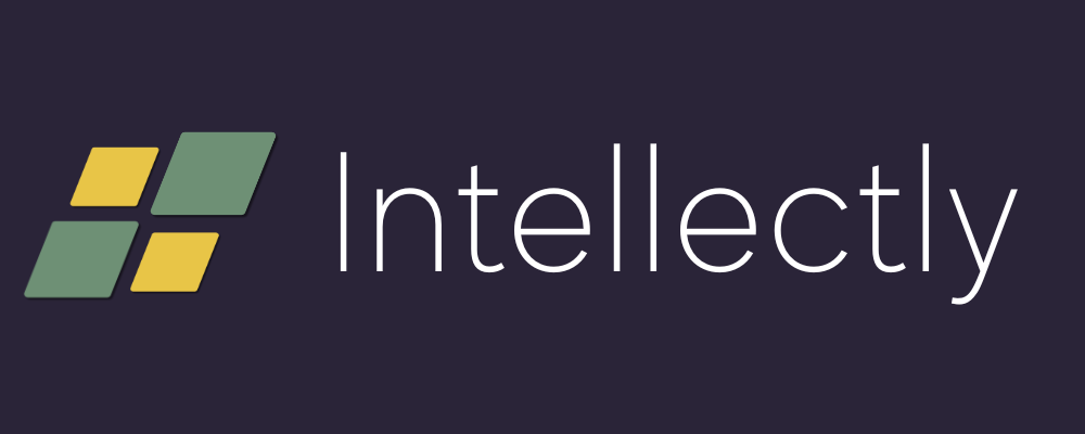 Logo for Intellectly, with a symbol of four connected blocks in green and yellow, and white text on a dark purple background.