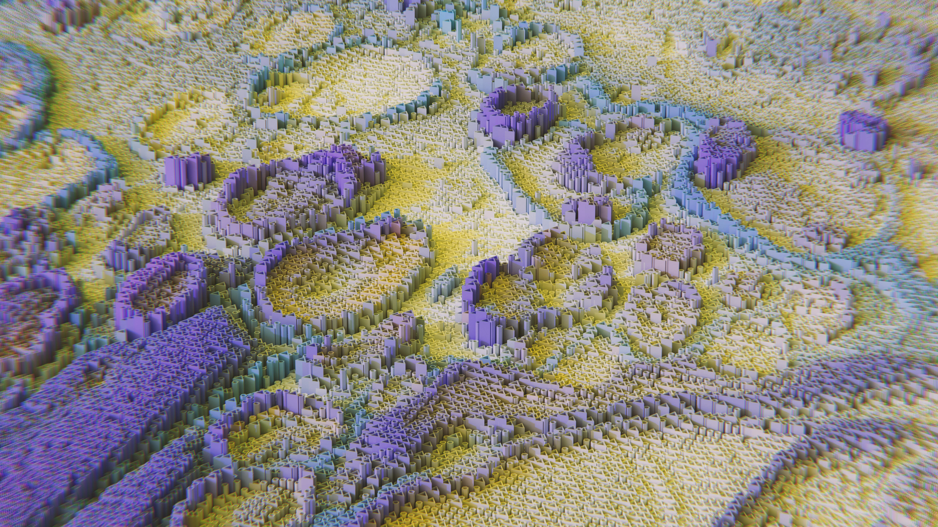 Abstract 3D landscape of yellow, blue, and purple geometric shapes, with circular and linear patterns.