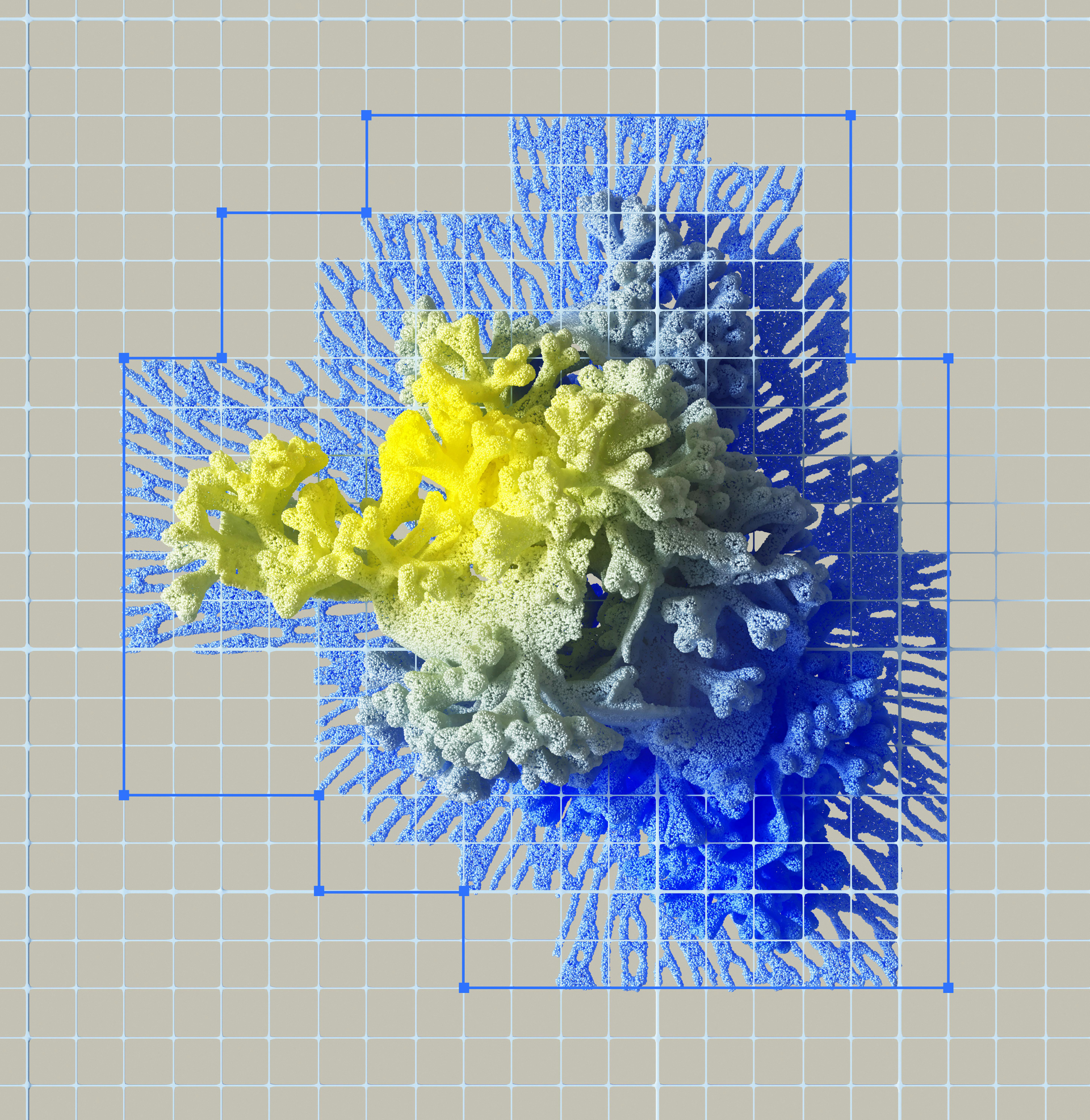 A 3D rendering of a complex molecular structure with yellow, green, and blue gradients, on a grid.