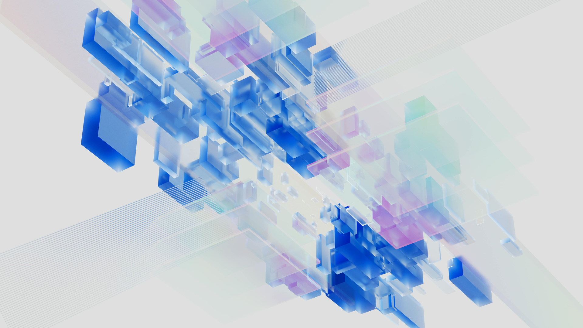 Abstract blue and purple geometric shapes floating against a light gray background with faint lines.