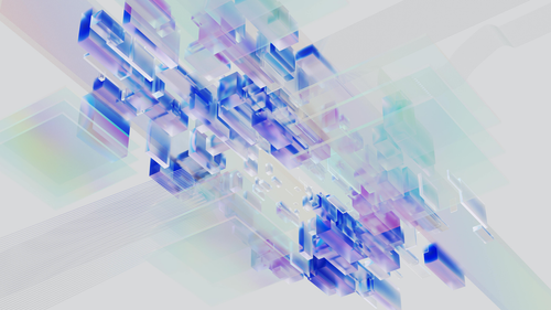 Abstract composition of blue, purple, and green geometric shapes, lines, and blocks on a white background.
