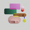 Abstract composition of colorful, textured geometric shapes floating on a gray background.