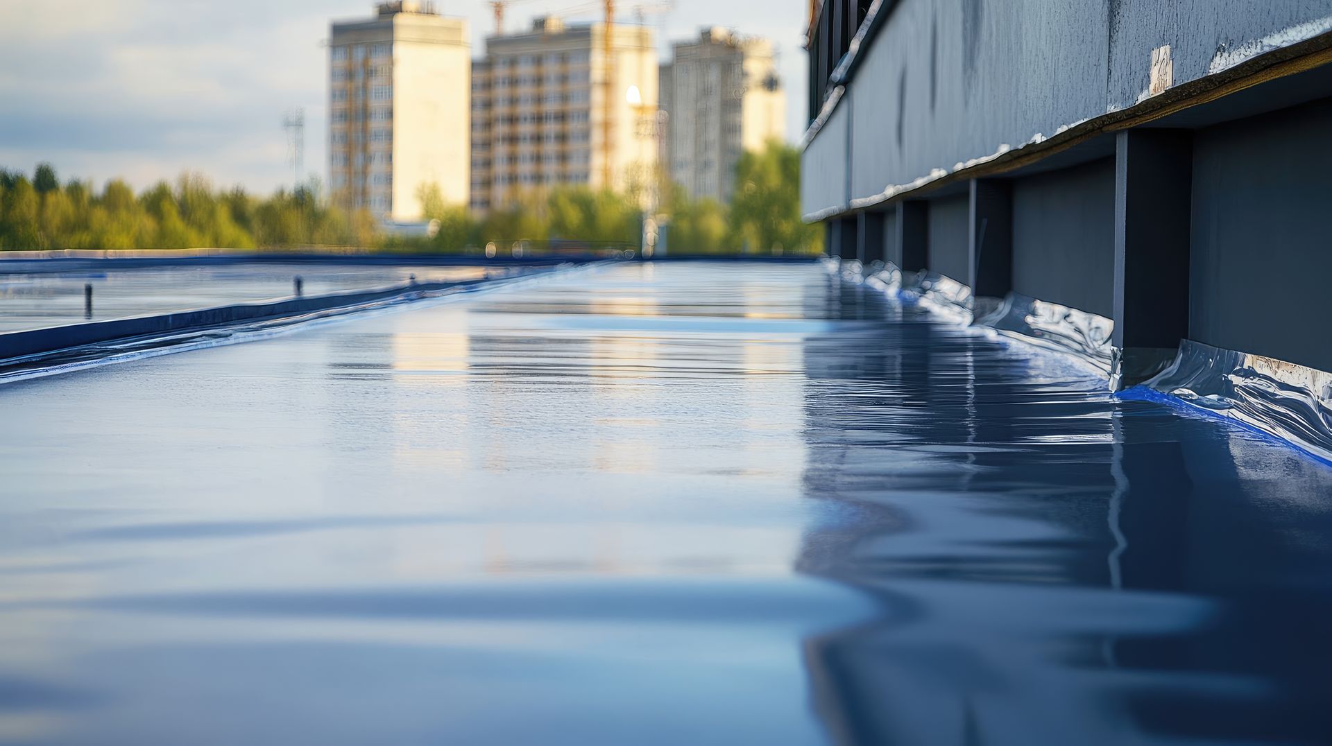Toit plat bleu avec mastic d'étanchéité encore humide, bâtiments en arrière-plan.