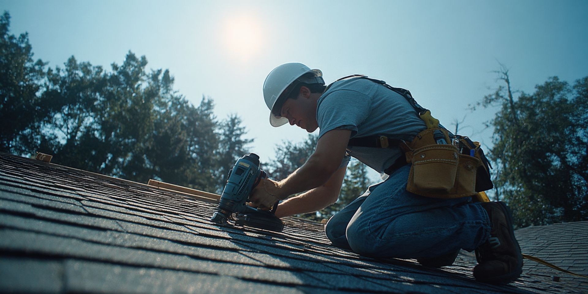 Couvreur agenouillé sur un toit, utilisant un cloueur pneumatique. Il porte un casque et une ceinture porte-outils. Lumière vive du soleil, arbres en arrière-plan.