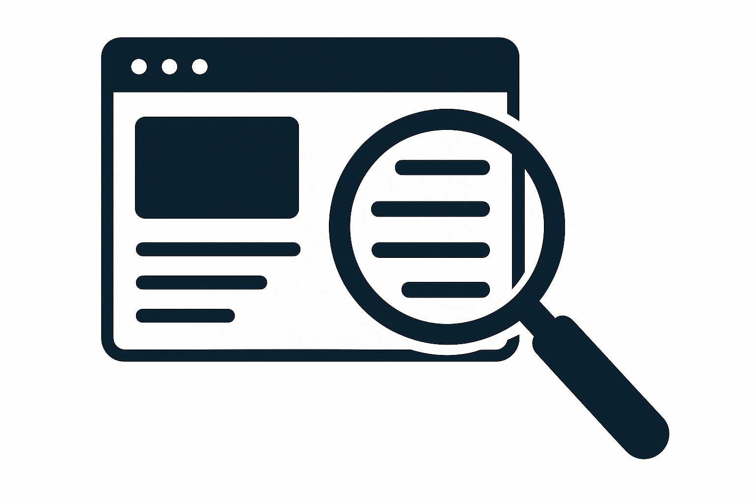 A magnifying glass hovers over a website page illustrating AI viewing web content.