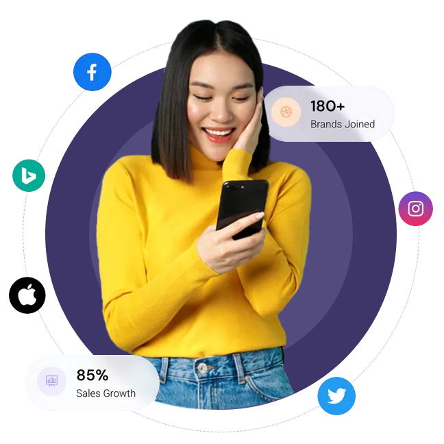 Delighted customer uses their website on their phone. Icons show connected digital marketing tools.