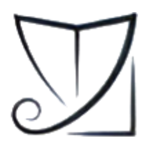 Libro abierto estilizado con forma de 'J' curva y cuadrado.