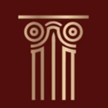 Columna jónica dorada sobre fondo granate, que representa el derecho o la arquitectura.