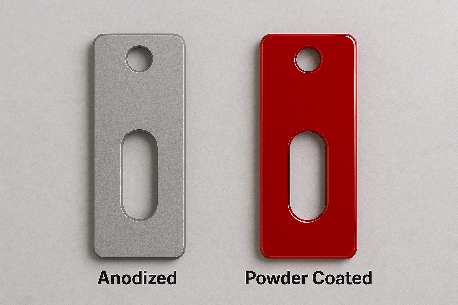 Aluminum parts with anodized and powder coated finishes side by side