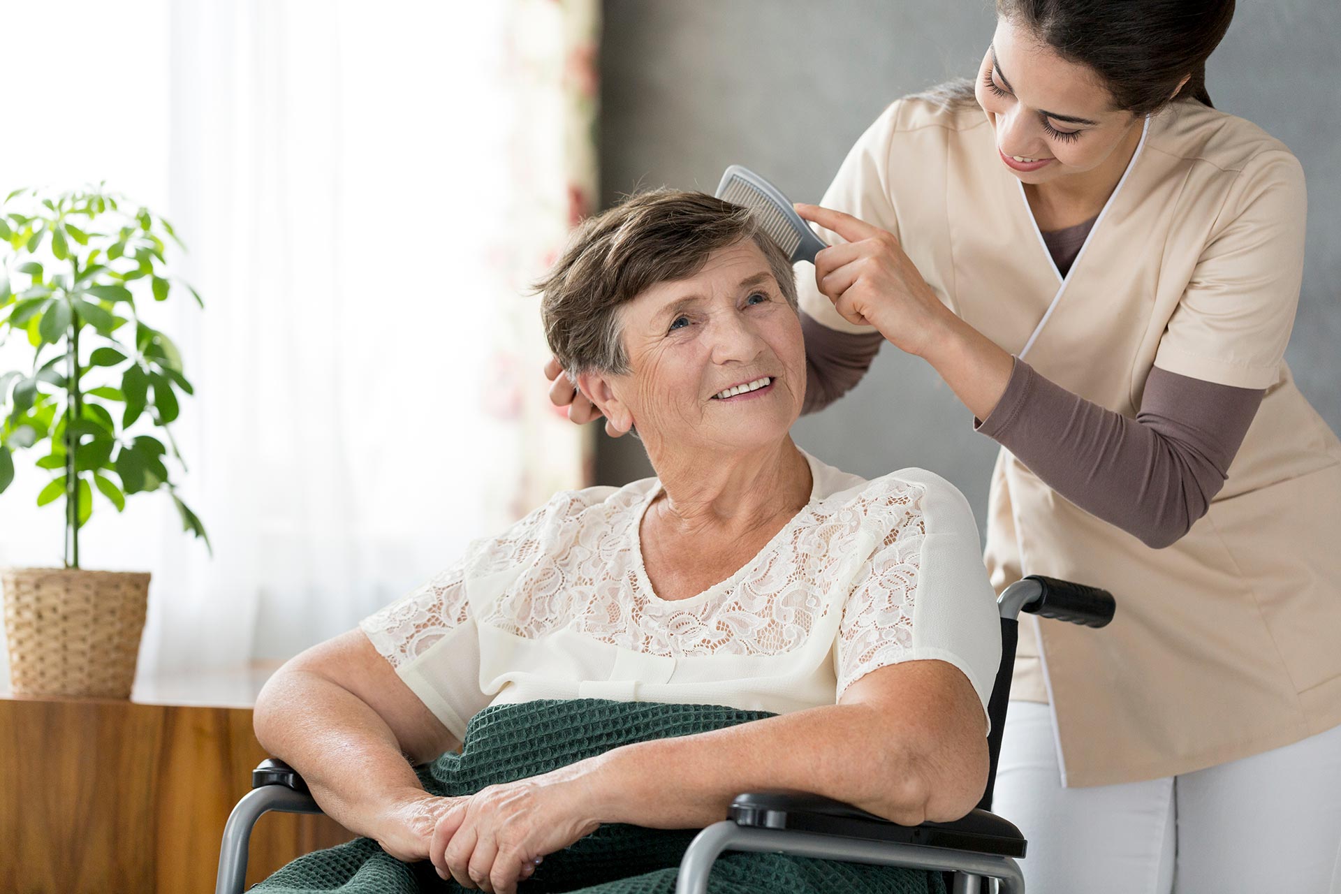 Taking care of old woman