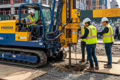 Construction site with Kagaoan Engineering workers doing Cone Penetration Tests NYC, wearing safety vests and hard hats.