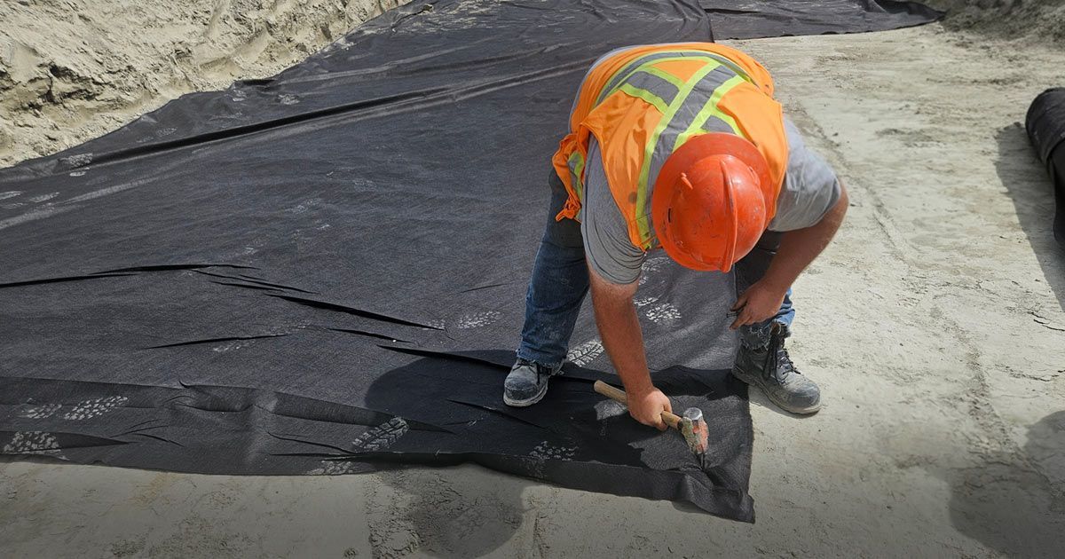 Construction worker hammering a black material onto a prepared surface, wearing orange safety vest and hard hat. Outdoor setting.Geosynthetic Soil Applications - NYC, Manhattan, The Boroughs, Nassau County, Suffolk County, Long Island, and New Jersey - Kagaoan Engineering