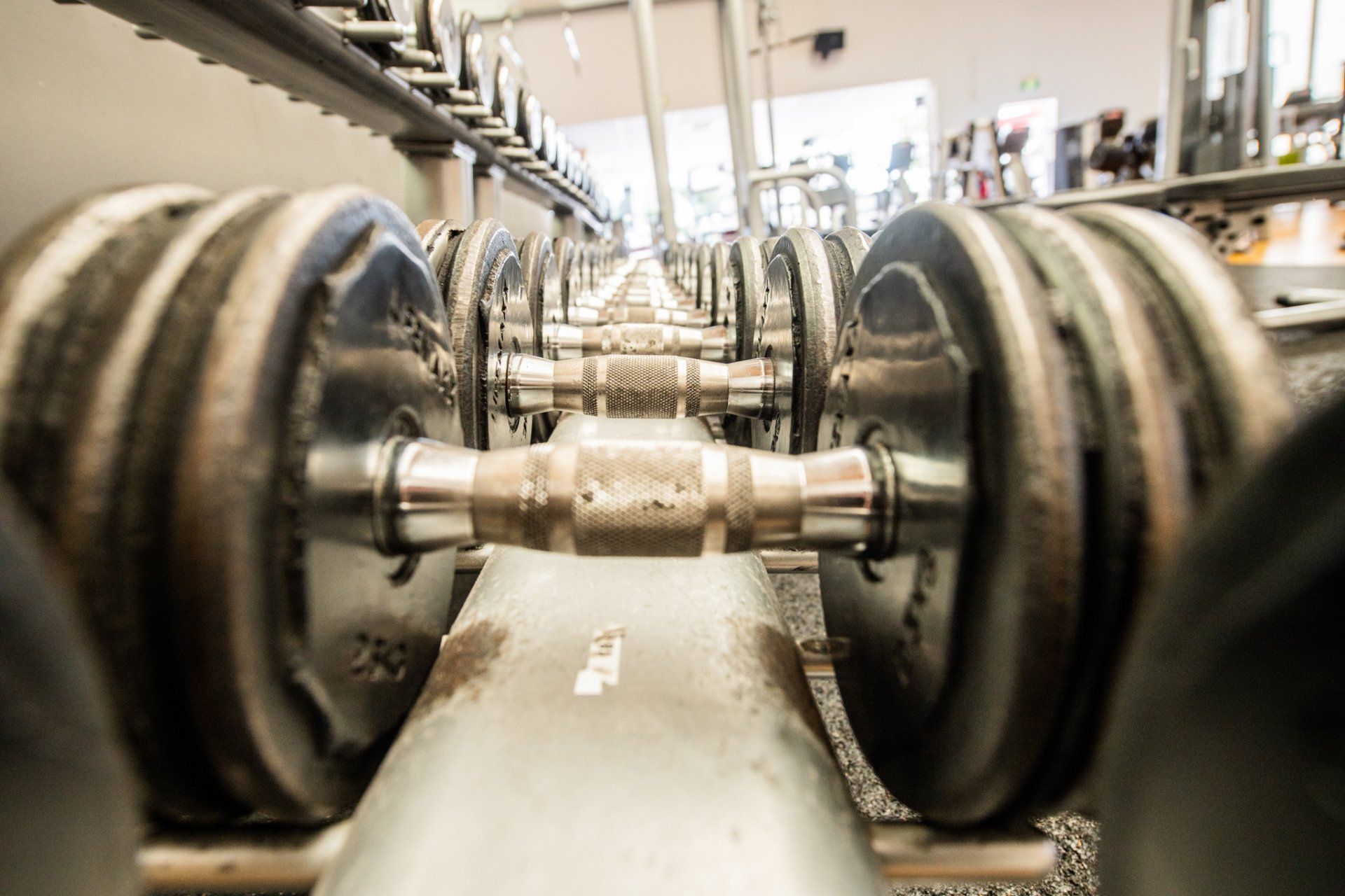 Een rij halters staat opgesteld op een rek in een sportschool.