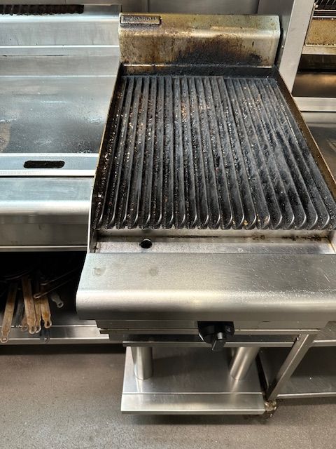 Grill in a commercial kitchen; stainless steel, dirty surface — Gas Fitting Services in Bundaberg, QLD