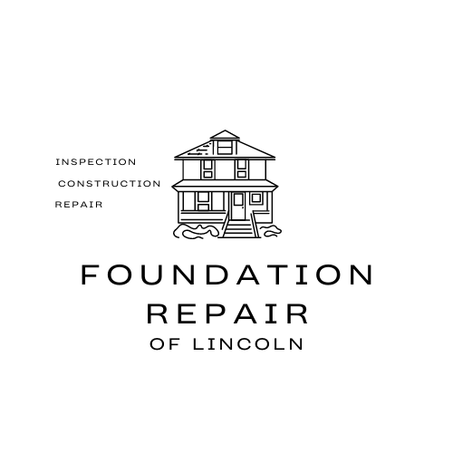 Logo for Foundation Repair of Lincoln, featuring a line drawing of a house above text. Services include inspection, construction, and repair.
