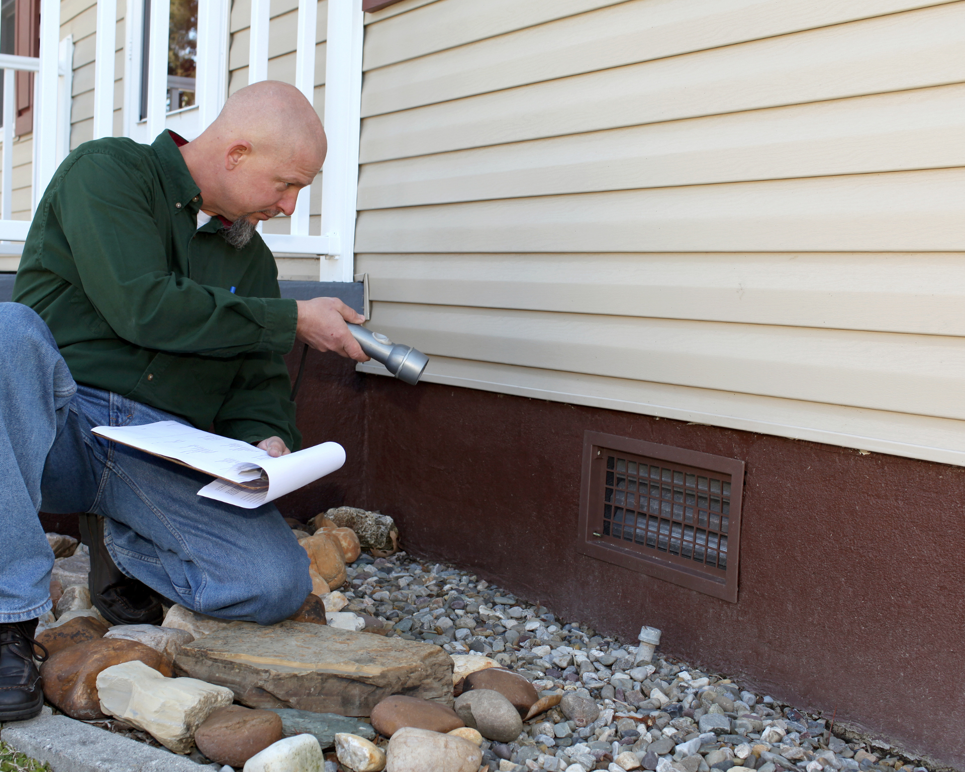Man kneeling, inspecting house foundation with flashlight and clipboard. Brown foundation, beige siding, and a rocky area visible.