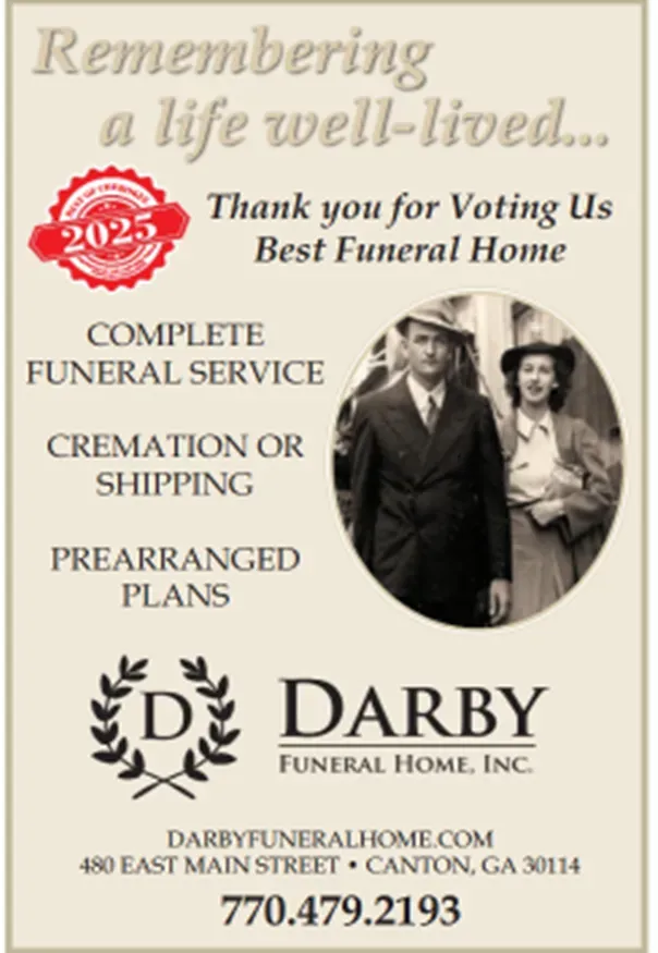 Funeral home ad: Services listed, vintage photo of couple. 