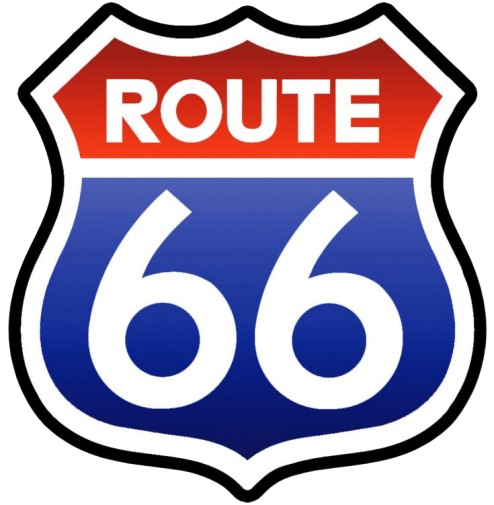 A blue and red route 66 sign on a white background