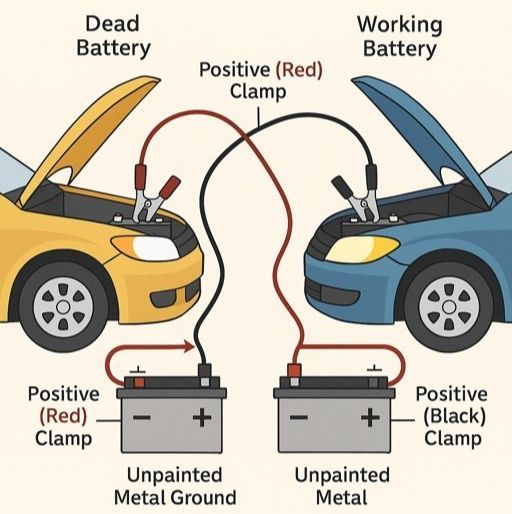 Illustration showing how to jump-start a car using jumper cables connected between a dead battery and a working battery.