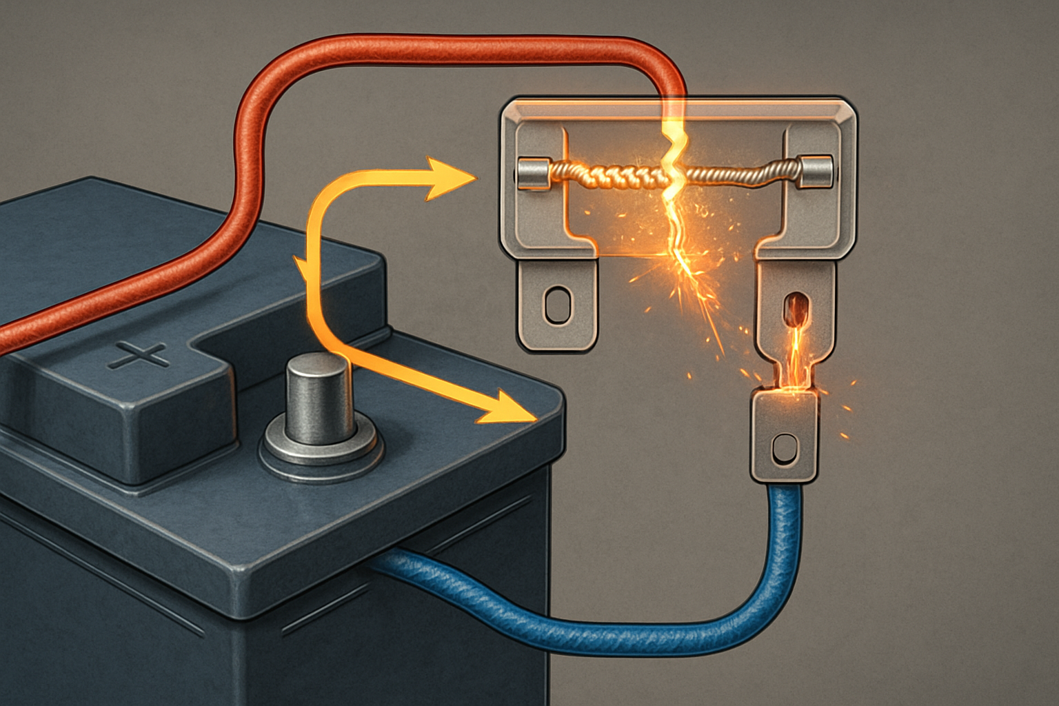 A realistic diagram illustrating an automotive fuse circuit. It shows a car battery connected to a fuse, with two phases: one where the metal filament in the fuse is intact, allowing electrical current to flow to a car component; and another where the filament has melted due to overload, breaking the circuit and stopping the current.