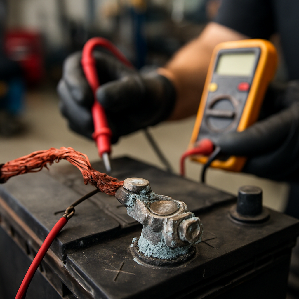 Mechanic using a multimeter to test a corroded car battery terminal and frayed cable in an auto repa