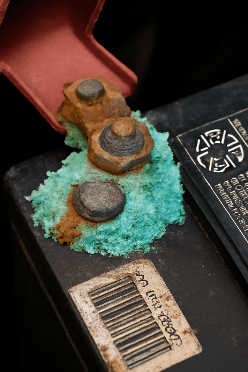 Corrosion-wiring image: Close-up of a corroded car battery terminal with blue-green buildup next to a frayed wiring harness, illustrating electrical fault risks.