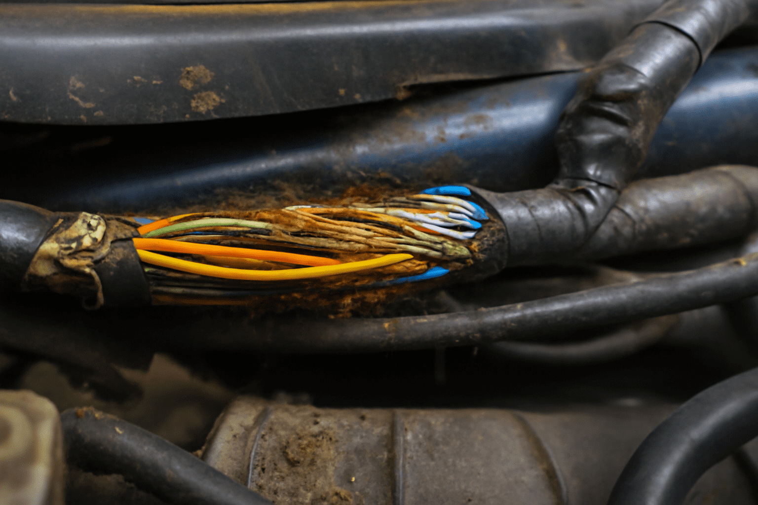 Exposed-harness image: Detailed view of a torn automotive wiring loom revealing multicolored wires with damaged insulation inside an engine bay.