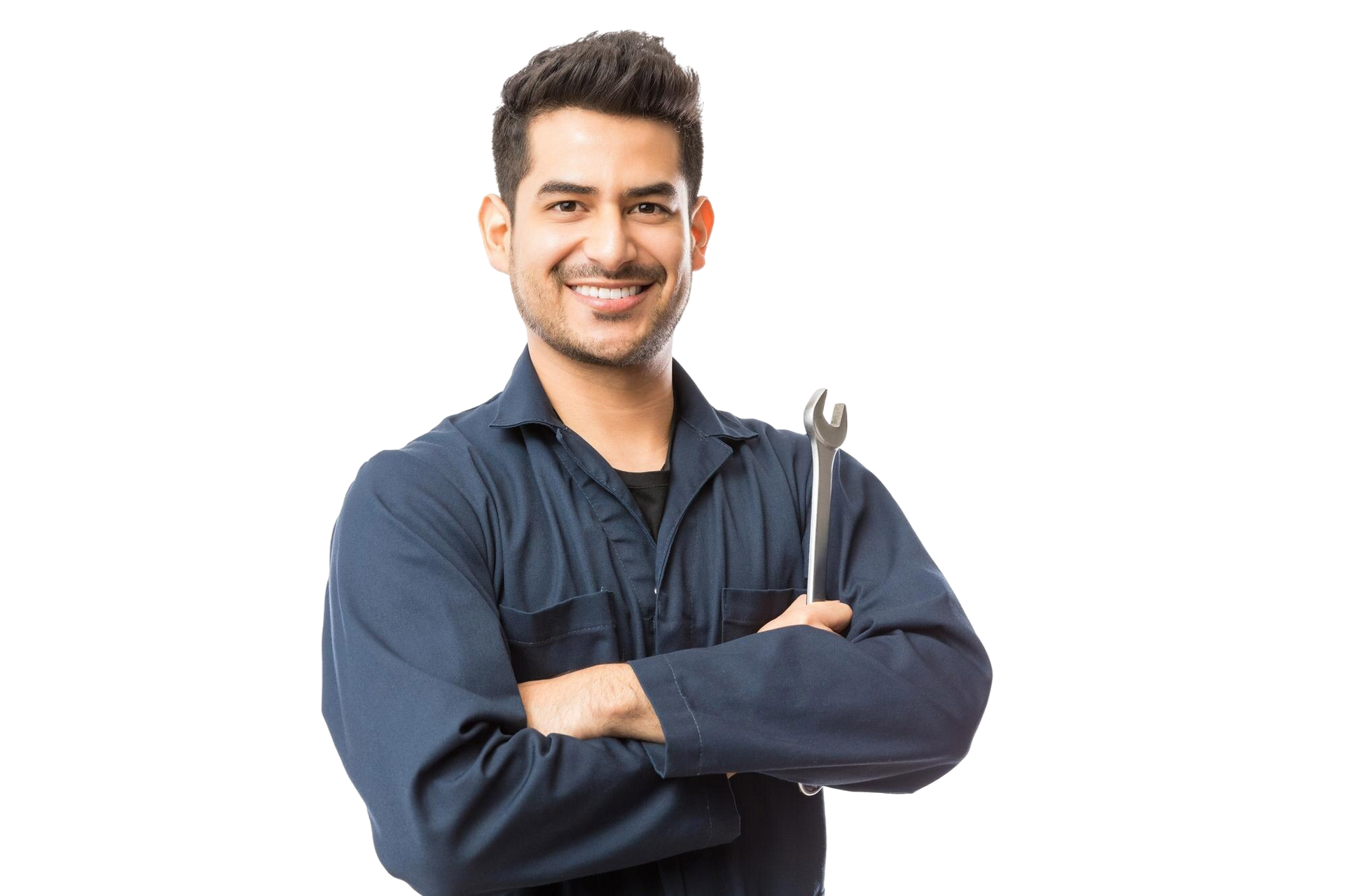Deluxe paint & body works Expert Auto Technician Ready to Help Smiling auto mechanic wearing a dark blue uniform holding a wrench, standing confidently on a black background.