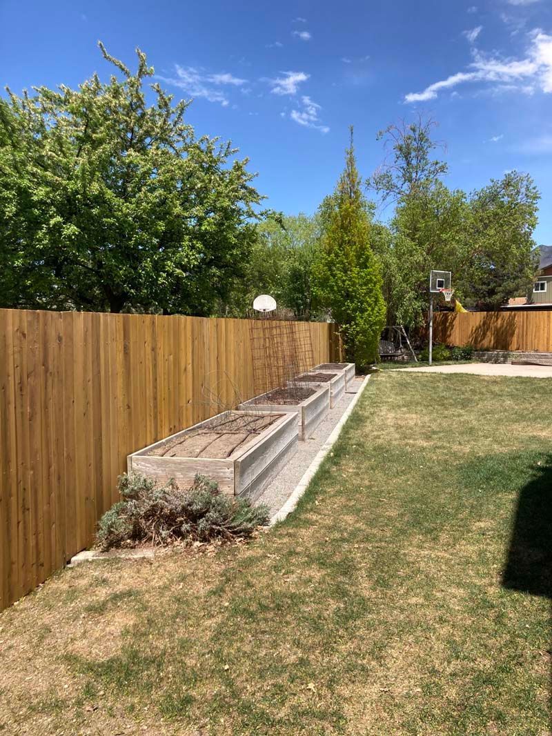 A backyard with a wooden fence